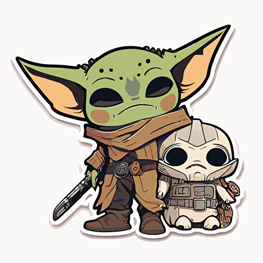 smiling baby yoda standing together with the Mandalorian, Sticker, Excited, Matte, Anime, Contour, Vector, White Background, Detailed