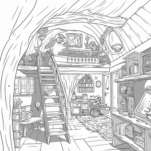 a tall whimsical medieval hobbit grandma's attic, in a flat 2d vector style, black and white, no perspective