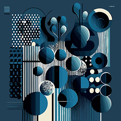 Design a visually striking vector illustration that showcases the transformation process from atoms to pixels. Utilize a dark blue color scheme and flat vector shapes, drawing inspiration from Victor Vasarely's iconic style. Incorporate geometric shapes and patterns in a way that creates a sense of depth and movement, while avoiding shades and gradients. Experiment with different shapes and sizes to create a dynamic and engaging piece of art.