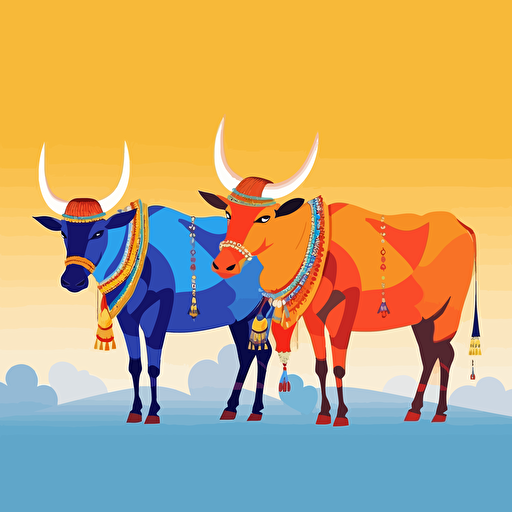 indian cows, they are decorated colorful, vivid, background light sky-blue and dark orange,vector illustration, detailed 2160p, minimalist