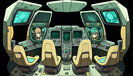Spaceship cockpit, 4 emoty seats, anime style, comic, vector illustration