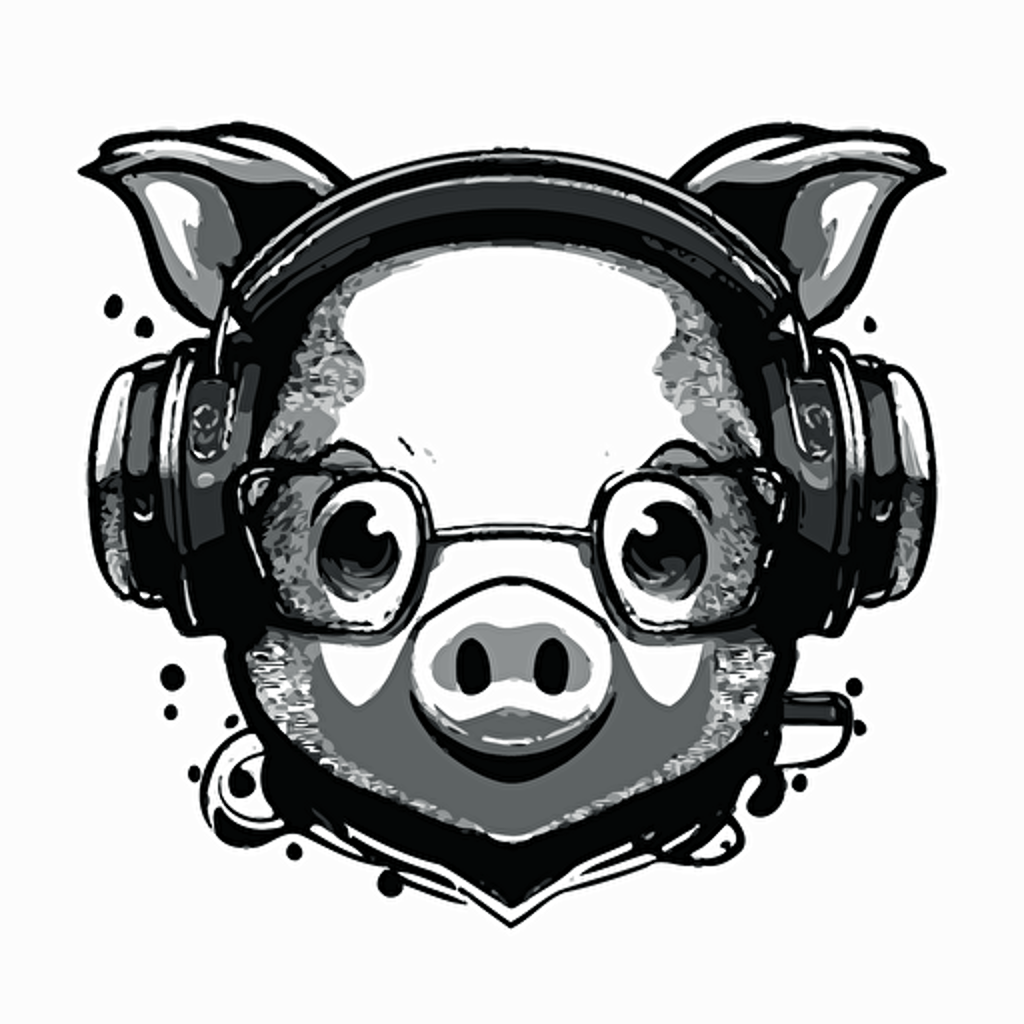 mascot logo of a face of a dj pig with earphones, esports style, black and white, 2D vector logo, flat, white background,