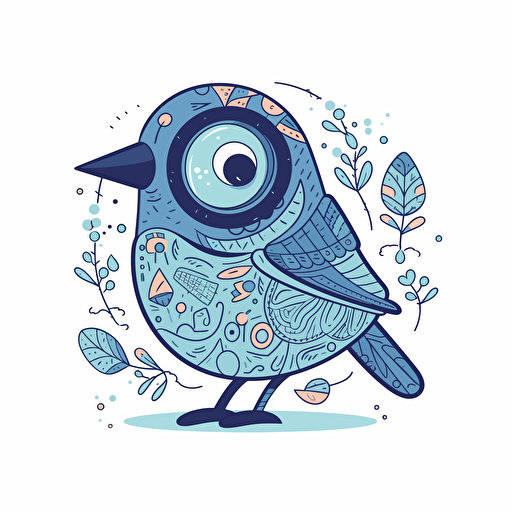 A blue bird holding a magnifying glass. Vector minimalist doodle