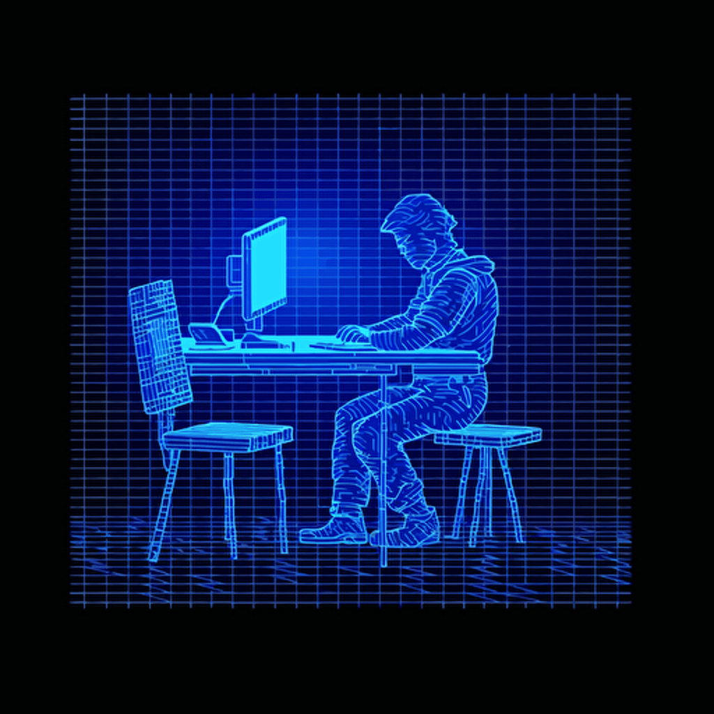 A person writing on a desk，neon,abstract, kingdom pixel art style, strong contrast, vector, blue background