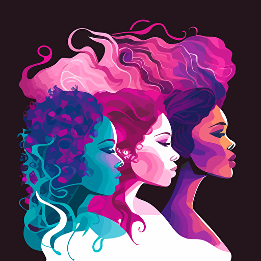 poster art, group of multi-racial women with waves and curls of purple, pink, and turquoise as hair, global conference in the fall, september 2023 vector style