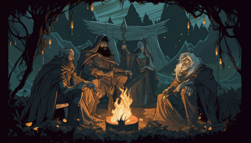 Vector art of a barbarian orc, a wizard in grey robes, an elf in green robes and a female hobbit in a black cloak, sitting around a fire at night.