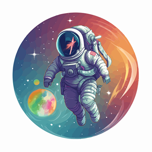 anthropomorphic unicorn in an astronaut riding a rainbow suit in space vector style. design in circle. transparent background