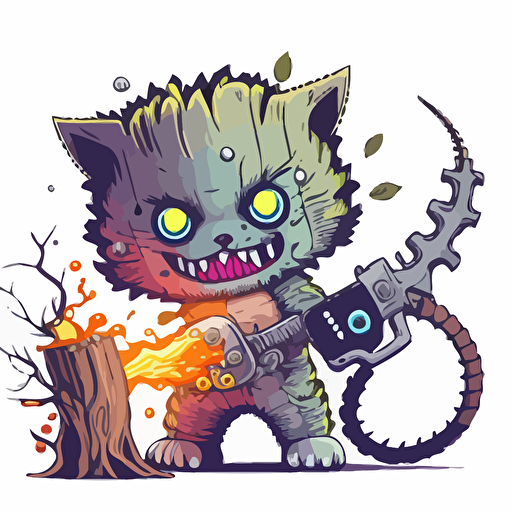 cute cat monster bring a chainsaw, surrounded by aura, digital art, vector, contour, white background