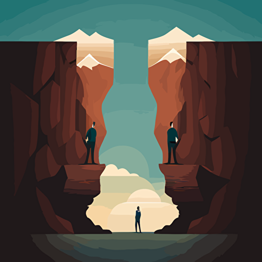 2d vector illustration, businessman is holding the gap between two mountain cliffs. another man stands on the left cliff