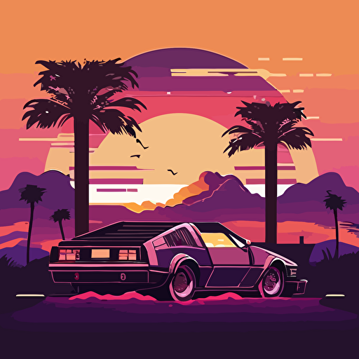 delorean in comic style, vector, flat background, pastel colors, violet, coctails, palms, sunset