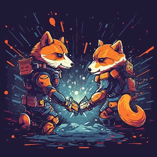 army fight between shiba inu cyber punk and fox dark shiba inu outfit battle, galaxy explose, anime background, vector