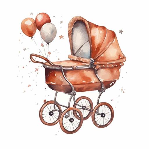 watercolor design of cute wooden brown baby pram, gender neutral, vector