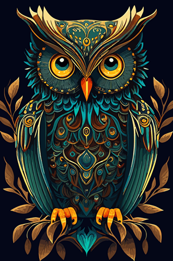 cute colorful detailed art deco owl illustration symmetrical flat vector