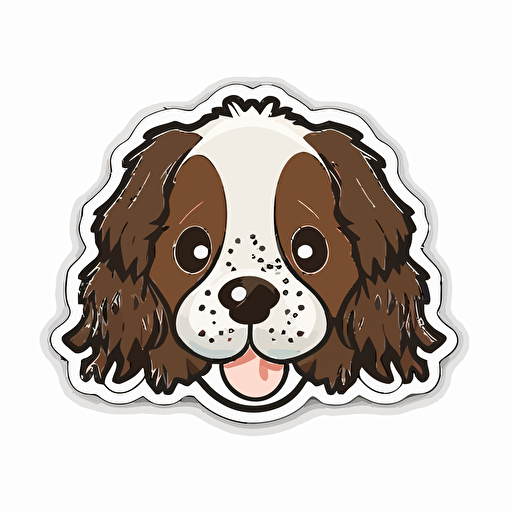 Cute, happy, english springer spaniel dog head sticker logo, chibi style, cartoon, clean, vector, 2d, white background, no accessories, without accessories, no text, without text