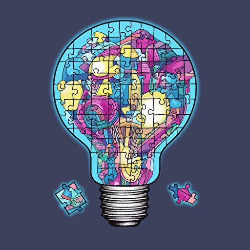 poeple putting a 4 piece puzzle in the shape of a light bulb together, neon, anime, contour, vector, white background, detailed
