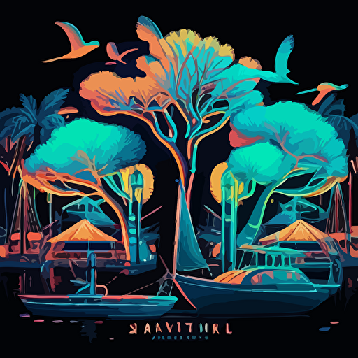 a party at a marina outdoors with a lot of peacocks, sailboats, banyan trees in neon colors, vector style modernist travel posters, Robert Falucci, Cappiello, Henry Reb, Franz Lenhart