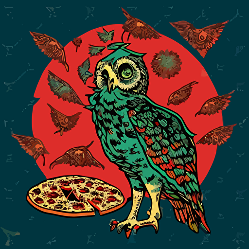 1970s trippy illustration of an owl smoking a joint for 420 with pizza and weed pattern background vector