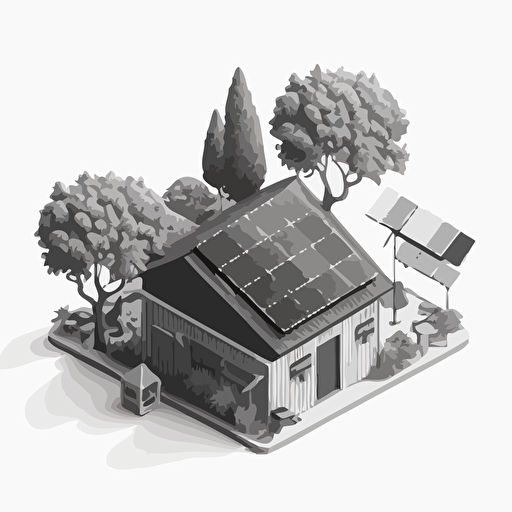 monochromatic vector image of a workshop with trees and photovoltaic panels on the roof, white background