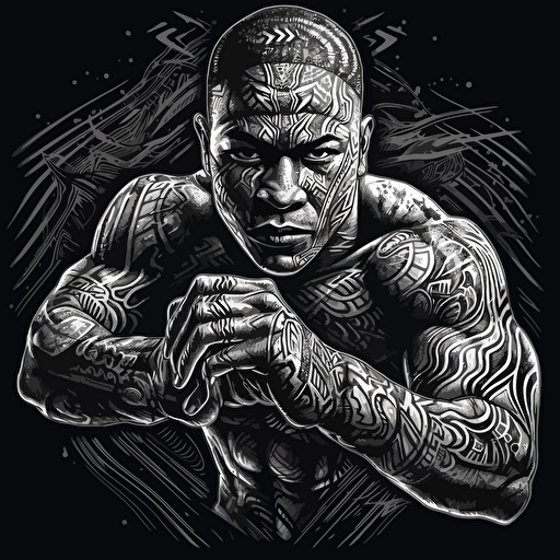 hyper detailed vector illustration of indigenous mma fighter shadowboxing, black white and grays, black background, poster quality