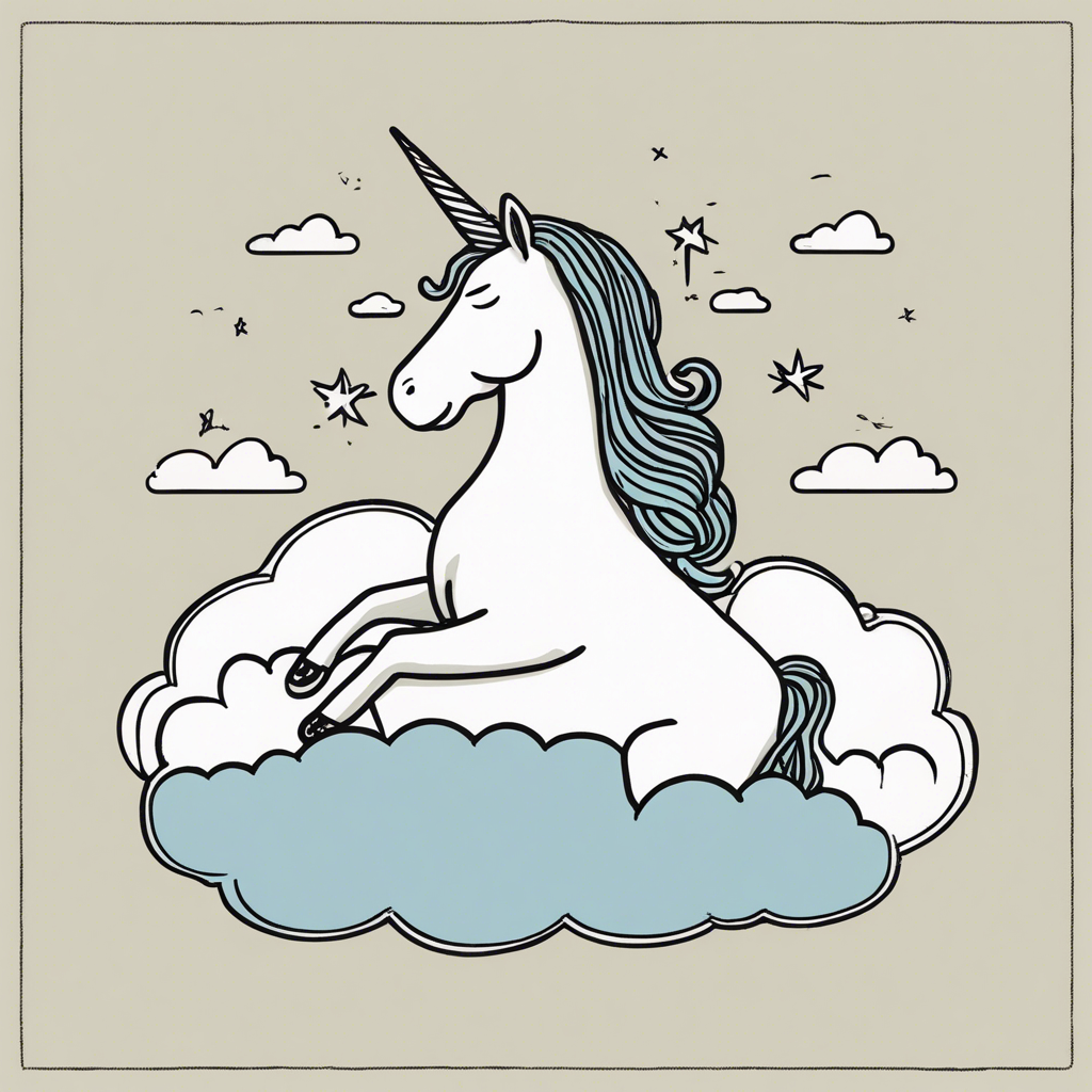 a unicorn on a cloud, illustration in the style of Matt Blease, illustration, flat, simple, vector