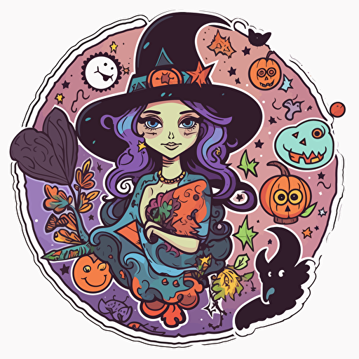 witchy, Sticker, Adorable, Cool Colors, Folk Art, Contour, Vector, White Background, Detailed