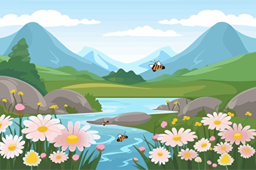 vector illustration of bees and daisies in front of a stream with mountains in the background