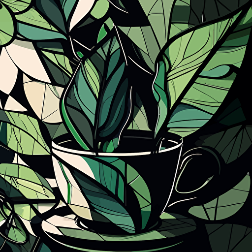 seamless pattern of an abstract vector art of green leaves, cup of tea, botanical, modern, cubist style, 2d, black outline