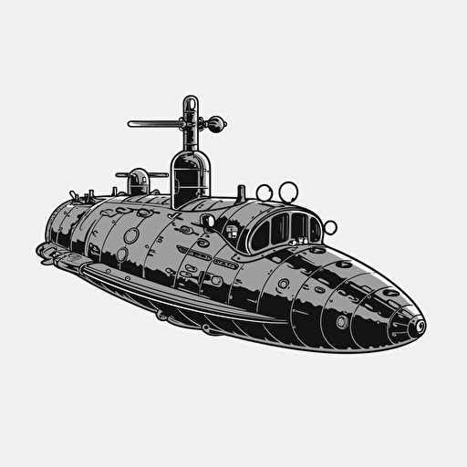 simple submarine, vector, black and white, no shading, underwater