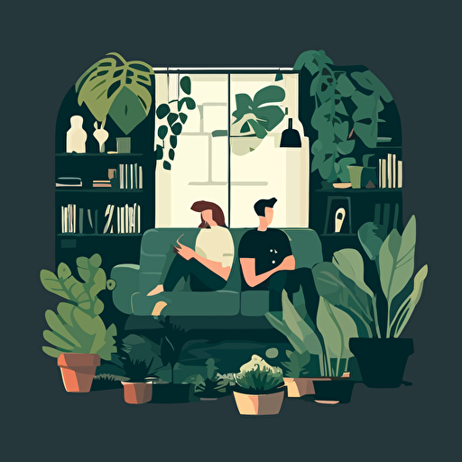 Simple, isotype, plants, living room, mezzanine, minimal, couple relaxing, chilling, 2d illustration, flat, flat colors, vector illustration,