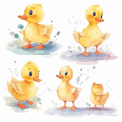 a cute baby duck, poses, vector collection with white background, with margins, watercolor, cartoon kawaii picture book style,