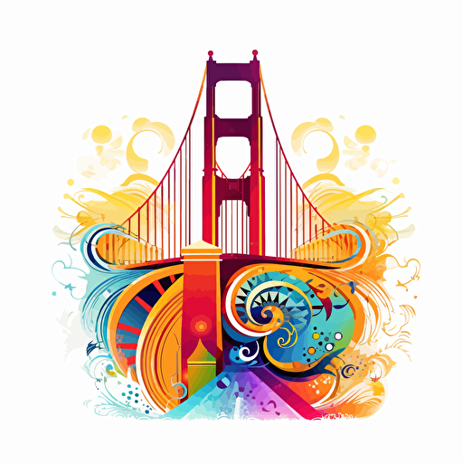 colorful vector art, golden gate bridge and transamerica pyramid, colorful swirls in the white background