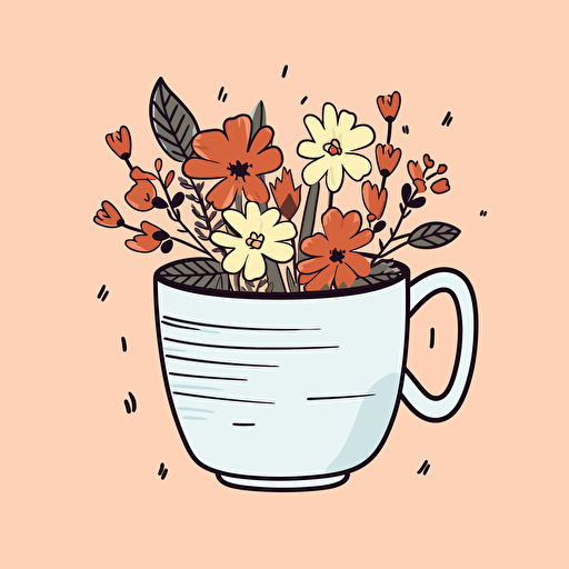 Vector illustration coffee cup with flowers illustration, in the style of patrick caulfield, muted colors, simple line drawings, bill traylor, pseudo, nostalgic, hinchel or sticker white bakcground