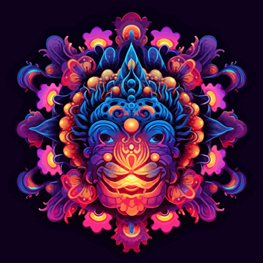 2d mandala made with alien faces uv colors vector style detailed