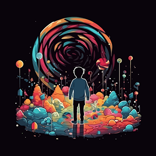 2d, vector quality, minimalistic, child exploring a world made of candy, on black background