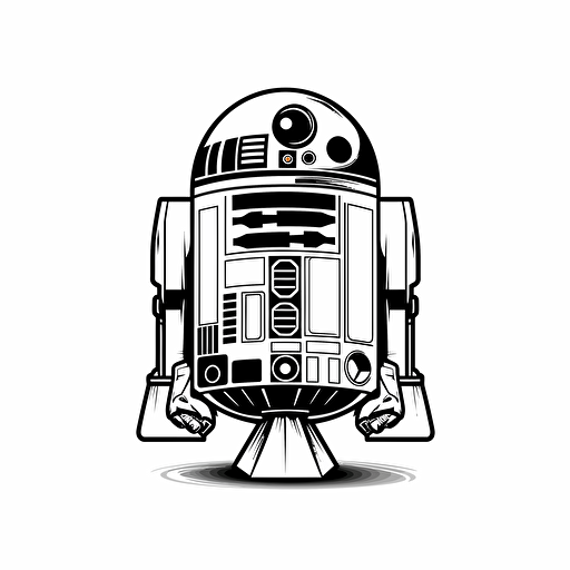 Chubby r2d2 illustration, looking at the camera, minimal, outline strokes only, black and white, logo, vector, white background