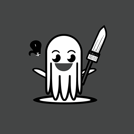 a logo of a smiling squid holding a feather quill, minimalistic, black and white, basic, low detail, smooth, line, flat, vector