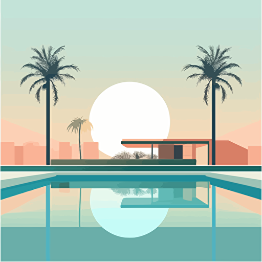 Vector designMinimal Hiroshi Nagai InspiredClean and minimalistic styleScene depicting a [serene poolside with palm trees and clear sky][PASTEL and warm color scheme]