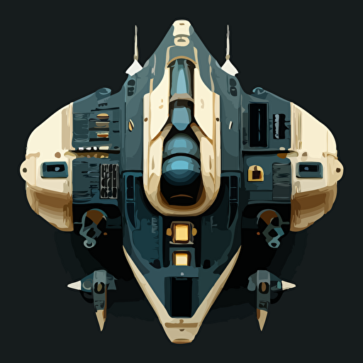 space ship on black background, blue with beige accents, top-down view, clean, simple, no shadows, vector