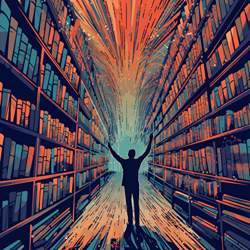 a vector image of a man reaching for a book in a long library isle, blue and orange and dark gray, graffiti style
