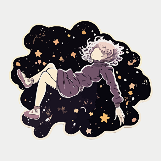 Girl floating in space, Sticker ,stars, Relaxed, Dark colours, Anime, Contour, Vector, White background, Detailed