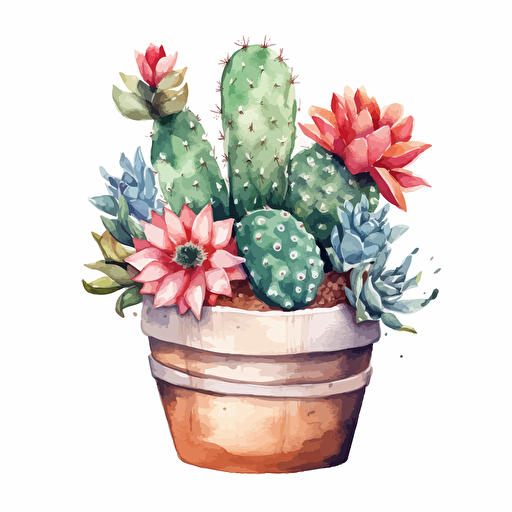 watercolor vector illustration boho cactus in a clay pot sticker white background
