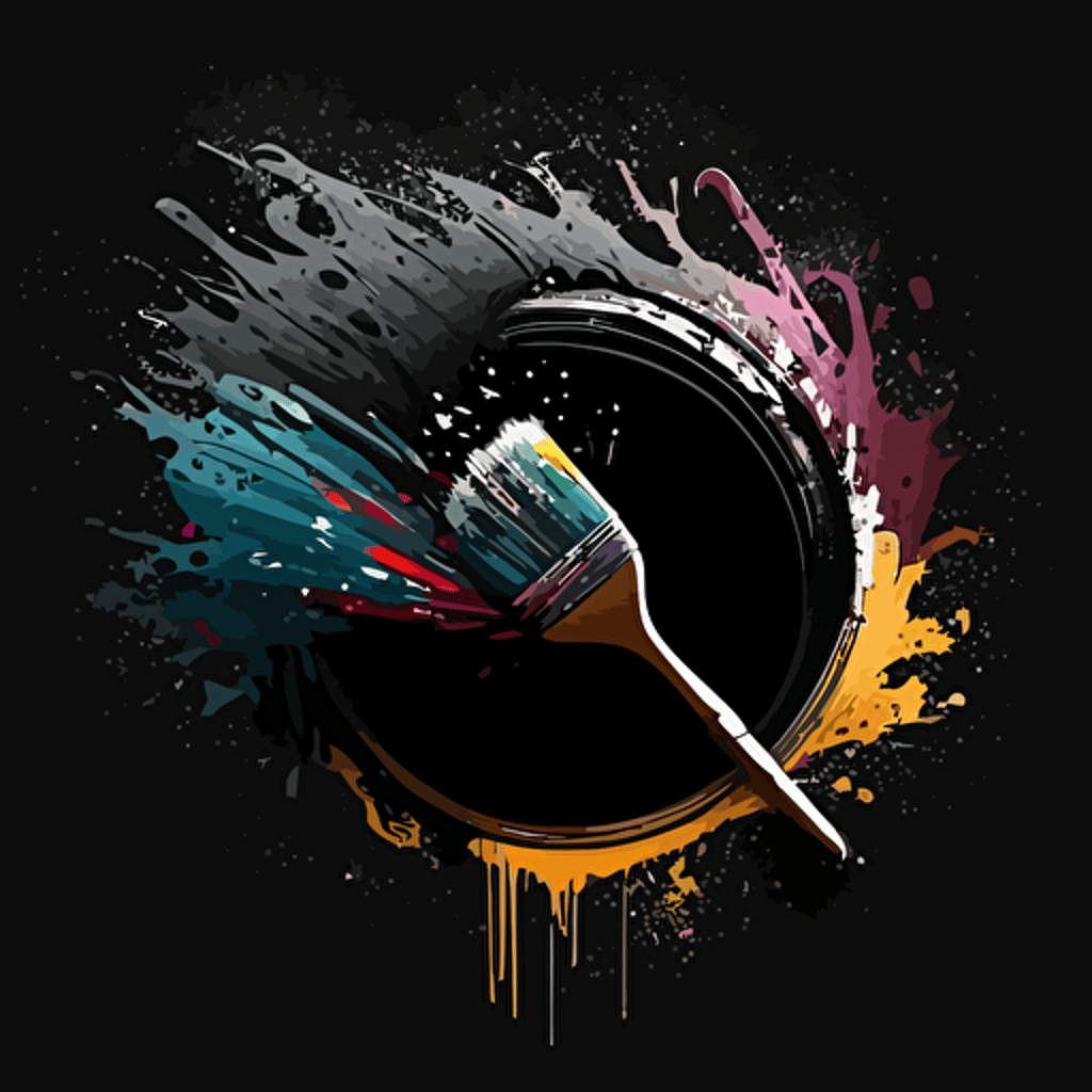 Circular logo with a paint brush, vector, black background
