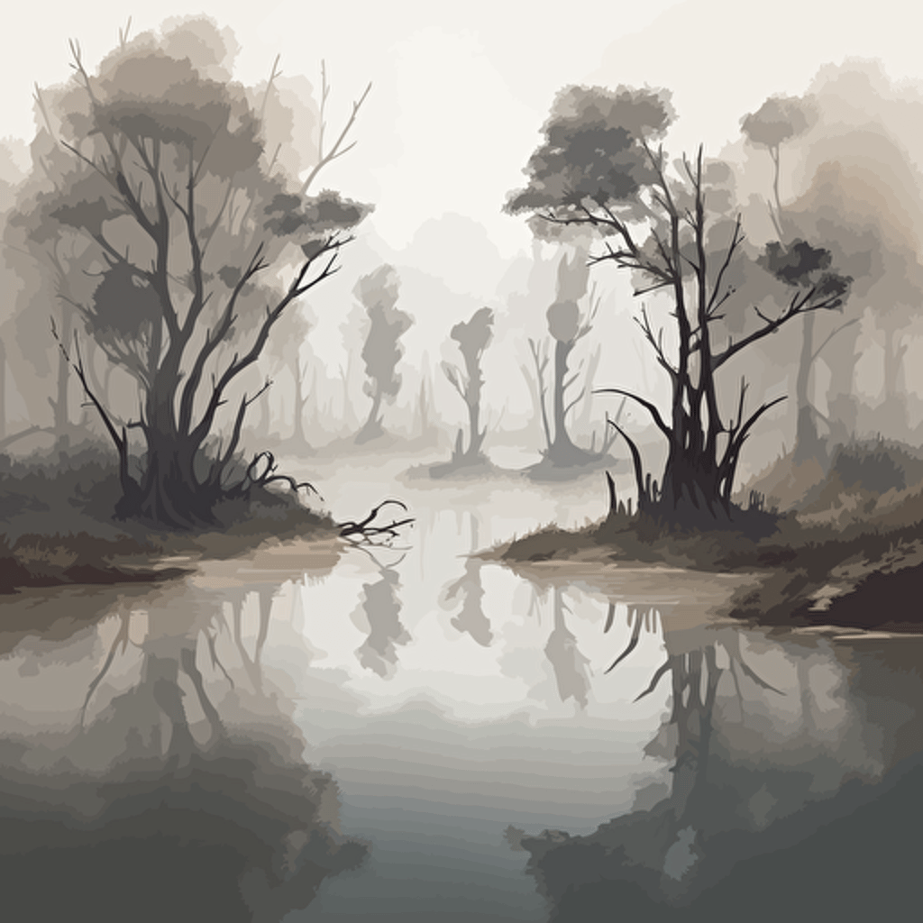 in vector art a Split-shot showing on the top of the water and below the swamp stretches out before you, its murky waters reflecting the gray sky above. Thick fog blankets the landscape, obscuring the trees and casting an eerie glow on the scene. The air is heavy with the scent of damp earth and decaying vegetation.Cyprus trees stand tall and gnarled, their roots dipping into the murky waters. The twisted branches are home to all manner of flying insects, their wings a blur of movement in the mist.As you peer closer, you can see the shadowy depths of the swamp beneath the water's surface. Sluggish water creatures slink and slither through the tangled roots, unseen by those who walk above.It's a querulous landscape, full of mystery and hidden dangers. You can't help but feel a sense of unease as you make your way through the murky waters and tangled undergrowth