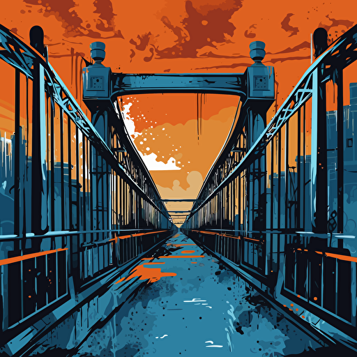 a vector image on a bridge with a prison in the distance, blue and orange and dark gray, graffiti style