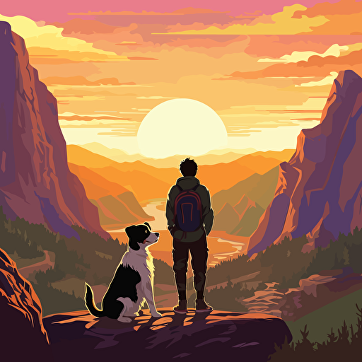 vector art of a big guy and his Australian Shepard watching a sunset in the mountains