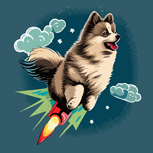 keeshond dog flying a rocket, simple vector art, cartoon style, Adobe Illustrator style art ::