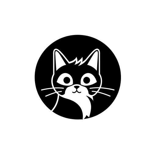 cat logo black and white, very introverted, circle, simple vector, illustrator, white background, full HD
