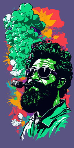 happy man with sunglasses et a beard smoking sativa thc cloud vape, green background vibrant color vector style pop art style::