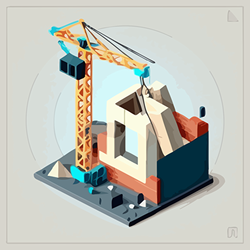 vector minimalistic illustration, show a simple construction site with a crane, bricks in the middle