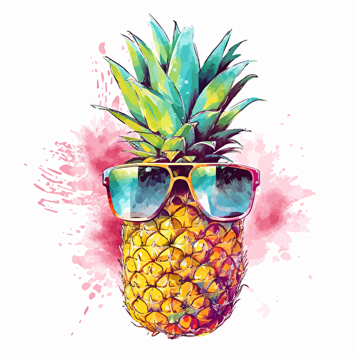 cure watercolor design of a pineapple wearing sunglasses, vector